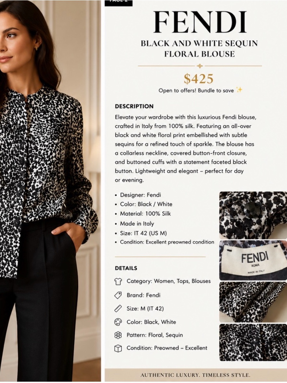 Fendi Black and White Sequin Floral blouse - Picture 3 of 8